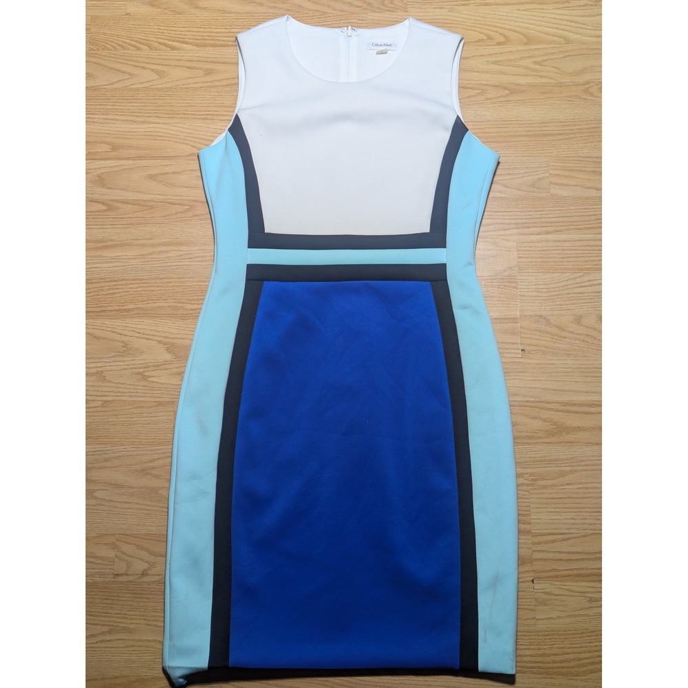 Calvin Klein Womens Sleeveless Colorblock Sheath Dress Blue White 12